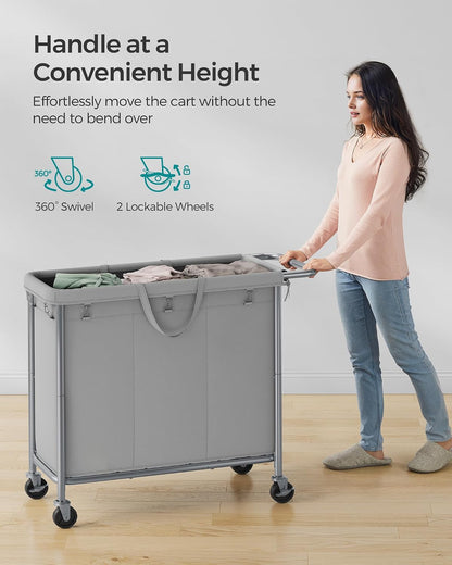 SONGMICS Laundry Basket with Wheels, 3-Section Rolling Laundry Hamper, 52.8 Gallons (200 L), Removable Liner, Steel Frame with Handle, 35.8 x 15.4 x 31.9 Inches, Cream White URLS005W01