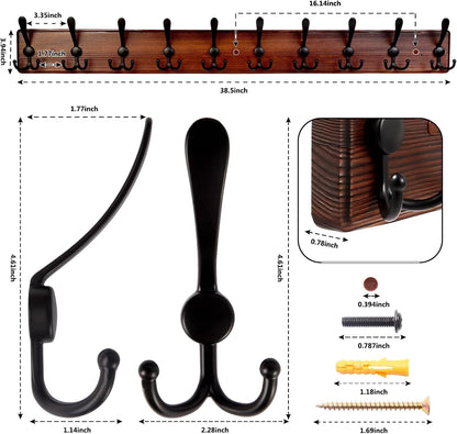 Kuhome 2pcs Coat Rack Wall Mount Wooden Hat Rack for Wall Hooks Pine Real Wood Plank 16.9" Brown Coat Hanger with 5 Triple Hooks for Hanging Coat Hat Jacket