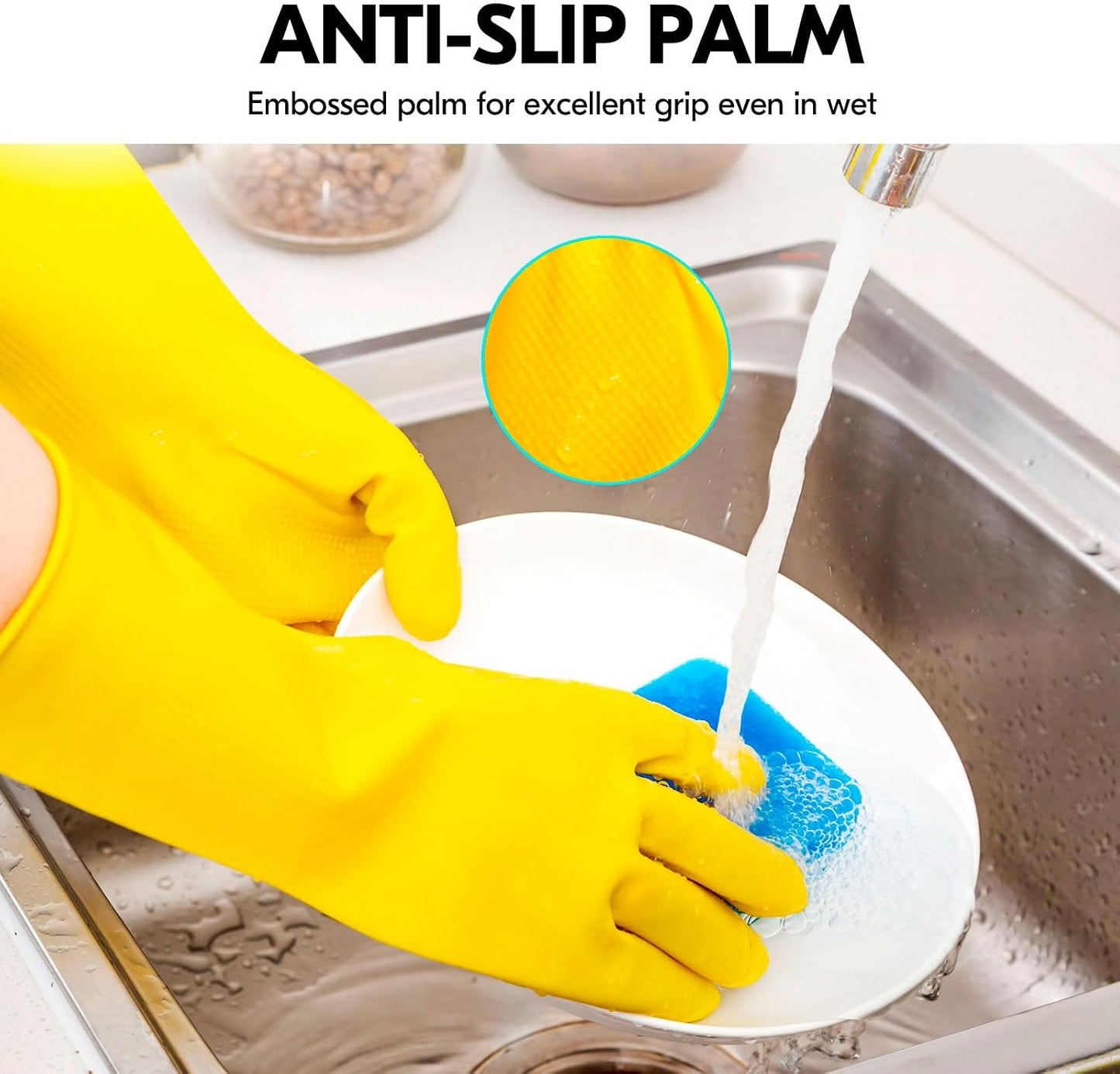 Vgo... 3-Pairs Reusable Household Gloves, Rubber Dishwashing gloves, Extra Thickness, Long Sleeves, Kitchen Cleaning, Working, Painting, Gardening, Pet Care (Size L, Yellow, HH4601)