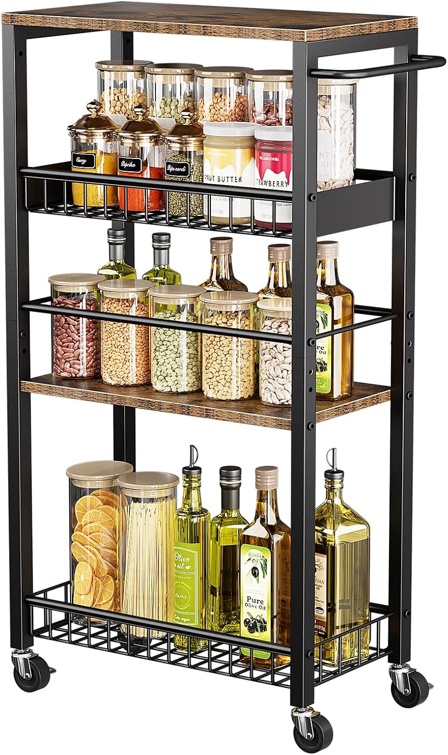 Slim Storage Rolling Cart, 4 Tier Narrow Cart with Wheels, Metal Kitchen Rolling Cart for Small Spaces, Slide Out Storage Shelves for Kitchen, Laundry Room, Bathroom, Living Room, 7.1in(W)