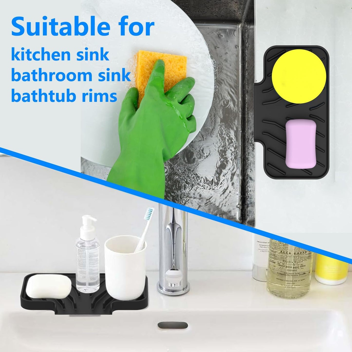 Sponge Holder for Kitchen Sink, Dish Sponge Holder & Soap Tray with Drain, Bathroom Sink Sponge Drying Rack & Perfect Organizer for Dispenser,Bottle,Cup on Sinks or Counter(8"x 4"Gray)