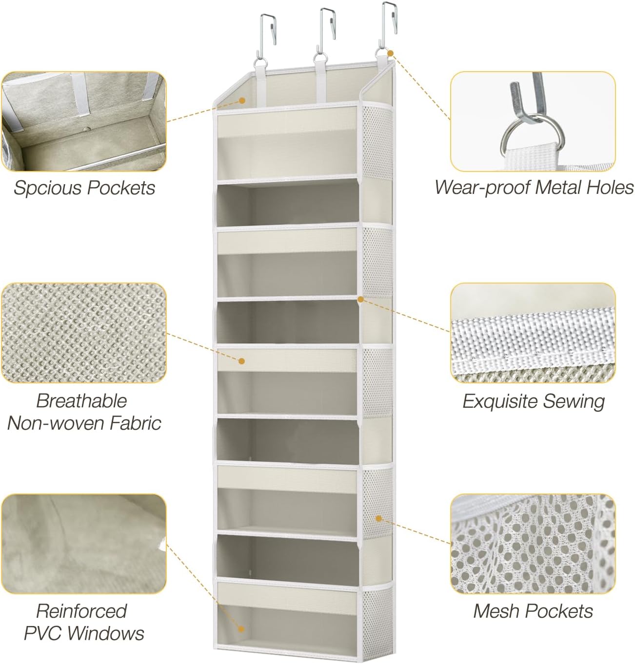 Over the Door Organizer with 5 Front & 10 MeshSide Pockets, 50LB Capacity Extra Large Nursery & Bathroom Hanging Storage Organizer Multi-Room Space-Saving Designwith 3 Hook for Kitchen, Pantry,Grey