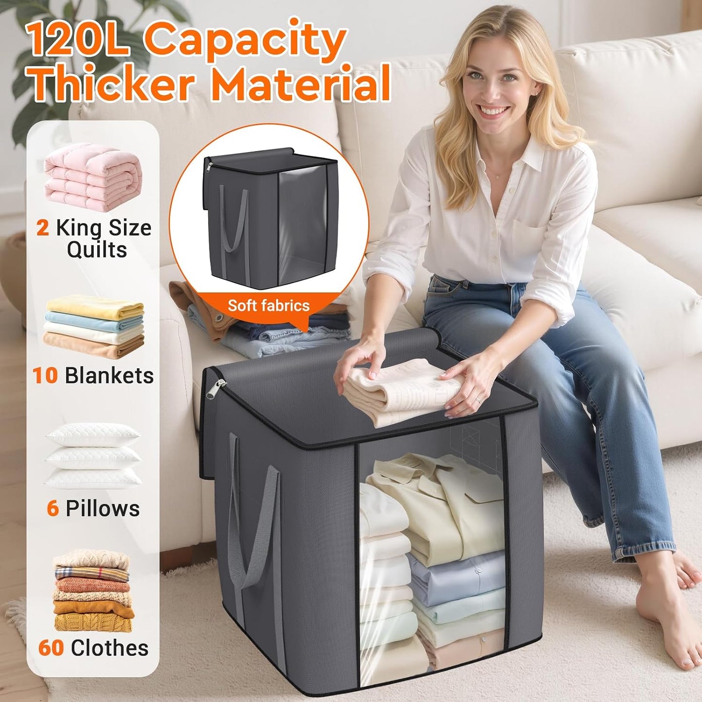 TasticTotes 120L Extra Large Clothes Storage Bags, Foldable Blanket Storage and Organization, Thick Fabric Containers with Reinforced Handles & Zippers for Clothing, Comforters, Bedding, Gray, 1 Pack