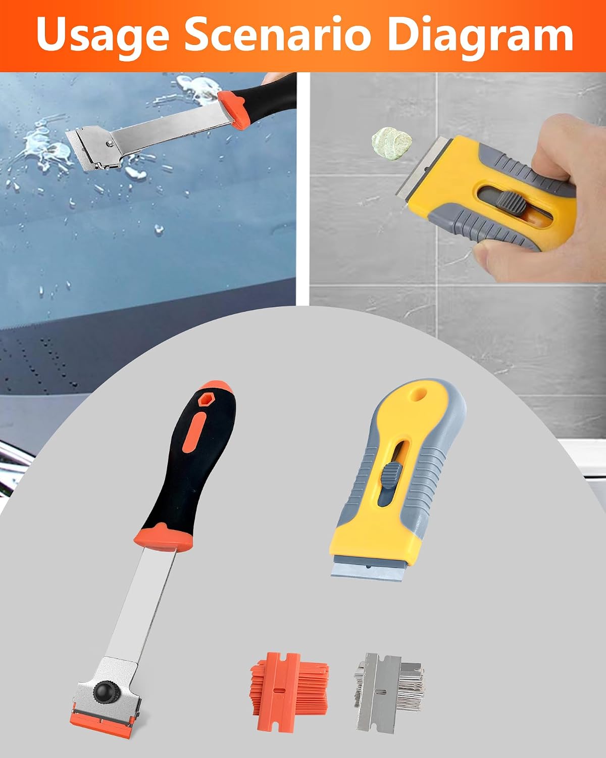 2 Pack Razor Blade Scraper with 10 Plastic and 20 Metal Blades for Removing Paint, Registration Sticker, Grease from Windshield, Glass Top Stove Cooktop Scraper