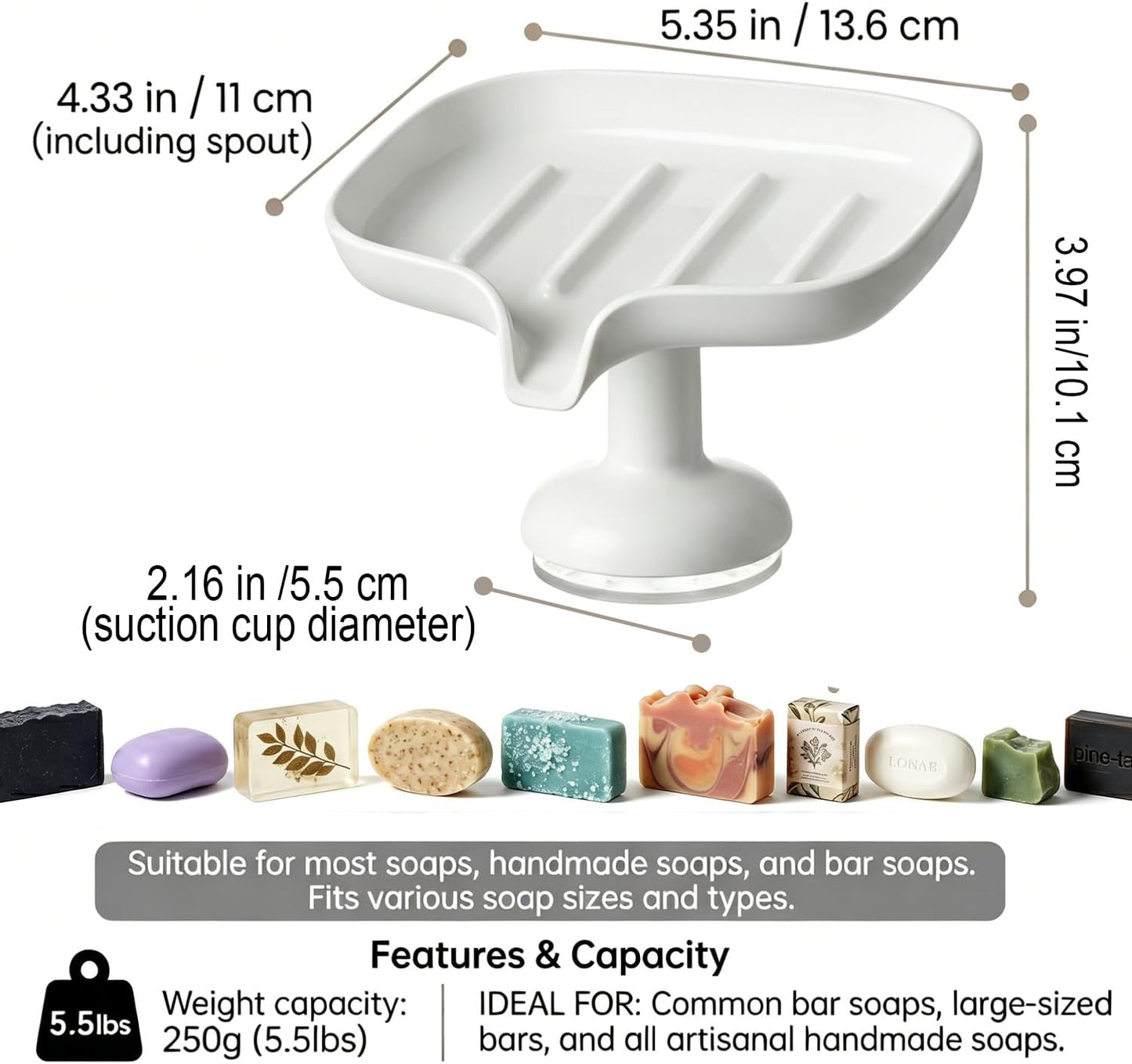 1PCS Self Draining Soap Dish with Suction Cup, Soap Holder for Shower, Bathroom, Sponge Holder for Kitchen Sink, Removable No Damage Stand Bar Soap Tray with Drain Spout Keeps Clean & Dry, White