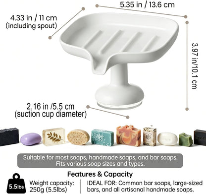 1PCS Self Draining Soap Dish with Suction Cup, Soap Holder for Shower, Bathroom, Sponge Holder for Kitchen Sink, Removable No Damage Stand Bar Soap Tray with Drain Spout Keeps Clean & Dry, White