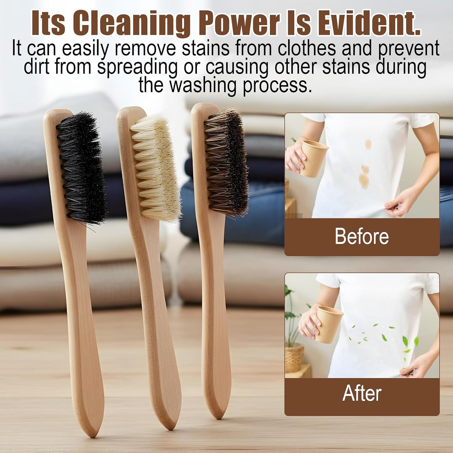 3 Pcs Laundry Stain Brush, Wood Laundry Stain Brush with Boar Bristle for Scrubbing Stains from Cloth Fabric Leather and Household