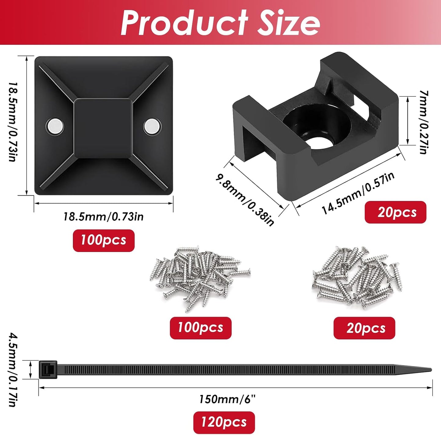 smseace 360Pcs Strong Back-Glue Self Adhesive Black Cable Zip Tie Mounts Kit with 6inch Zip Ties and Screws, UV Protection Outdoor Sticky Wire Fasteners Cable Clips Management