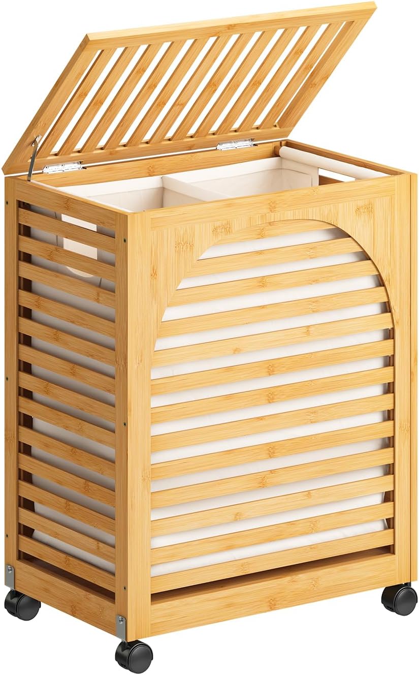 Black Laundry Hamper with Wheels, Laundry Basket with Lid, 22.5 Gallon (85L) Bamboo Wood Clothes Laundry Hamper 2 Section with Handles, Removable Liner