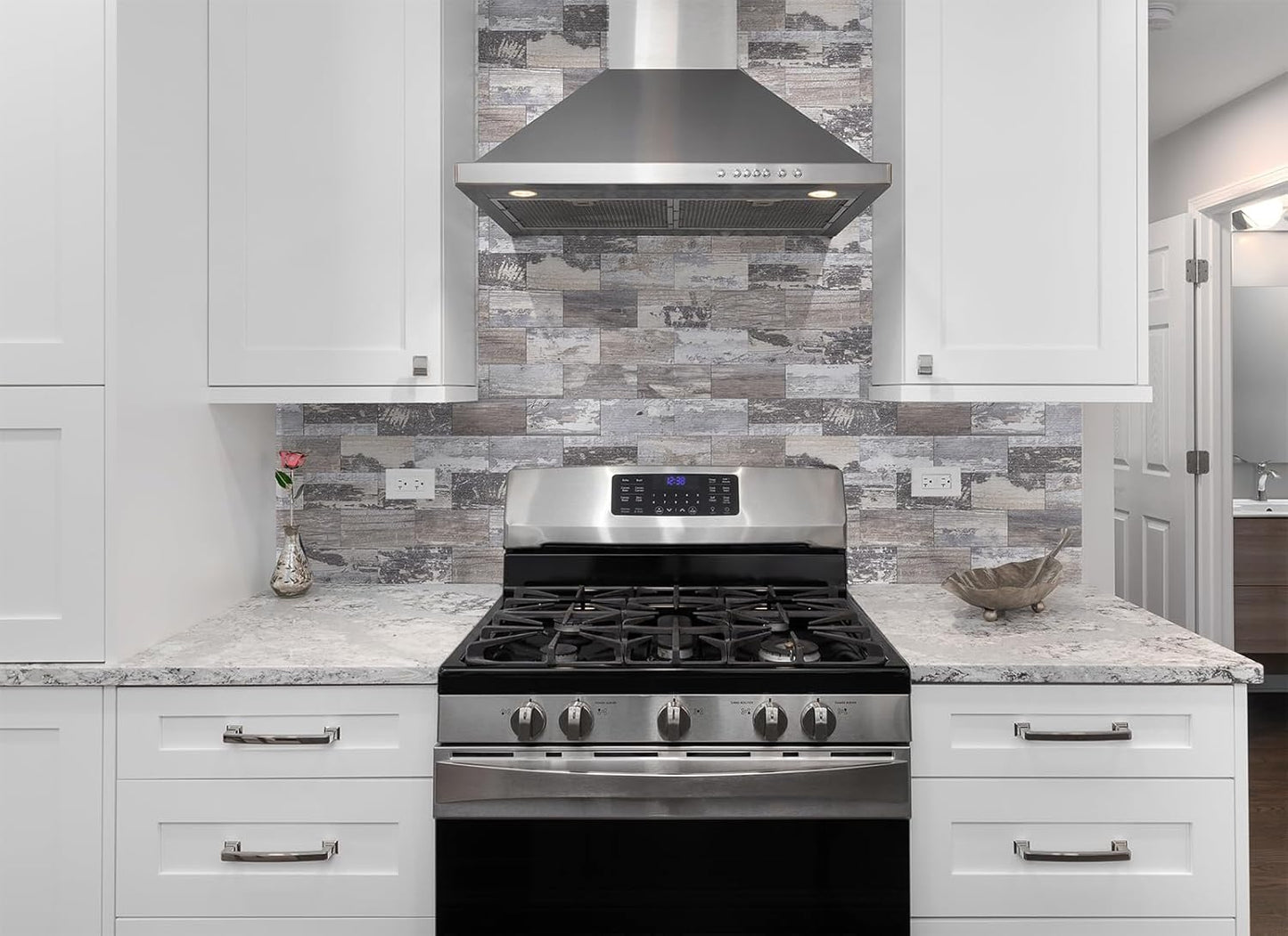 StyloVue 100 Pieces Peel and Stick Backsplash for Kitchen, 3" x 6" PVC Subway Tile, Glossy White with Dark Gray Grout, Self Adhesive Stick on Wall Tiles for Kitchen, Bathroom, Fireplace, RV