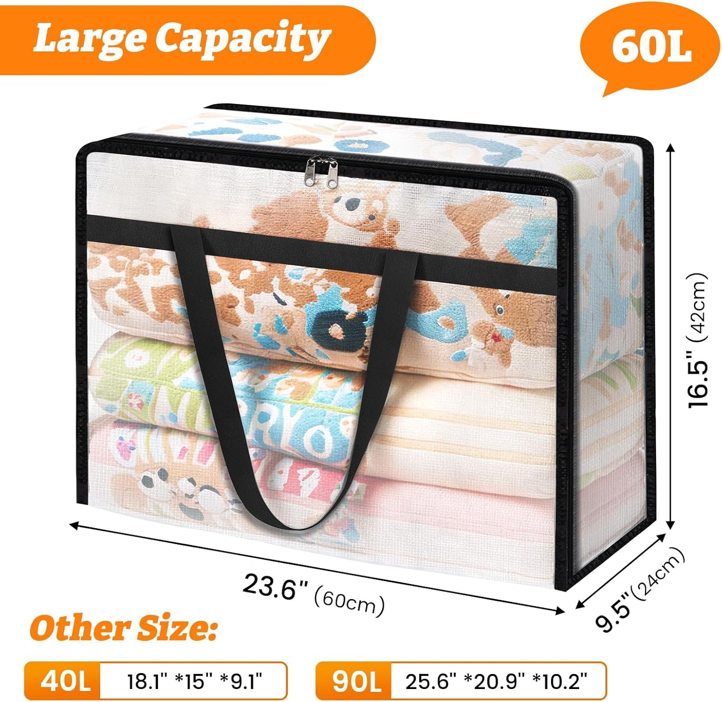 BlissTotes 4 Pack Clear Clothes Storage Bags, Moving Bags, Foldable Blanket Storage Under Bed Storage Containers with Sturdy Zipper and Handle for Clothing, Comforter, Bedding, Sheet (40L)