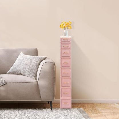 8 Drawers Narrow Storage Cabinet with Wheels,Slim Floor Cabinets,Rolling Organizer Cart for Small Spaces,Pink