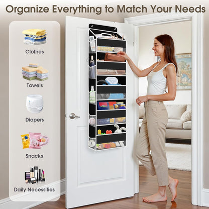 SpaceHacks 1 Pack Over The Door Organizer, Hanging Storage Organizer with Clear Window, 40lb Ultra Sturdy Large Capacity Room Organizer for Pantry Laundry Bathroom Nursery Closet Baby Essential (Grey)