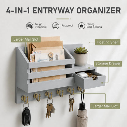 FifthQuarter Key Holder Wall Mount: Key and Mail Holder for Wall with 6 Hooks and Storage Drawer, Easy Installation Key Rack for Entryway Home Decor (A-White)