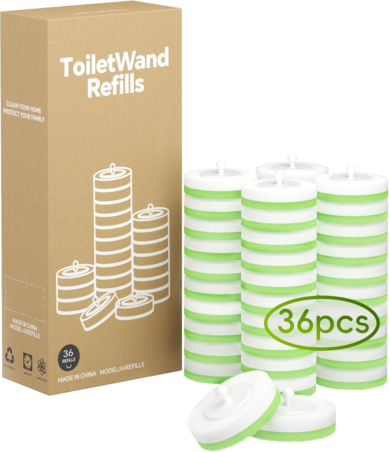 Wall Mounted Disposable Toilet Brush System with Holder, Toilet Bowl Cleaning Wand with Green Refills and One-Button Release, 2 Wands and Holders with 60 Green Refills