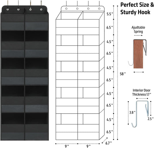 Giraffe Creation Black Over Door Organizer with 10 Large Clear Pockets, Double-Row Hanging Door Storage for Closet, Bathroom, Nursery, Bedroom, Dorm, Toys, Cosmetics, Baby Essentials