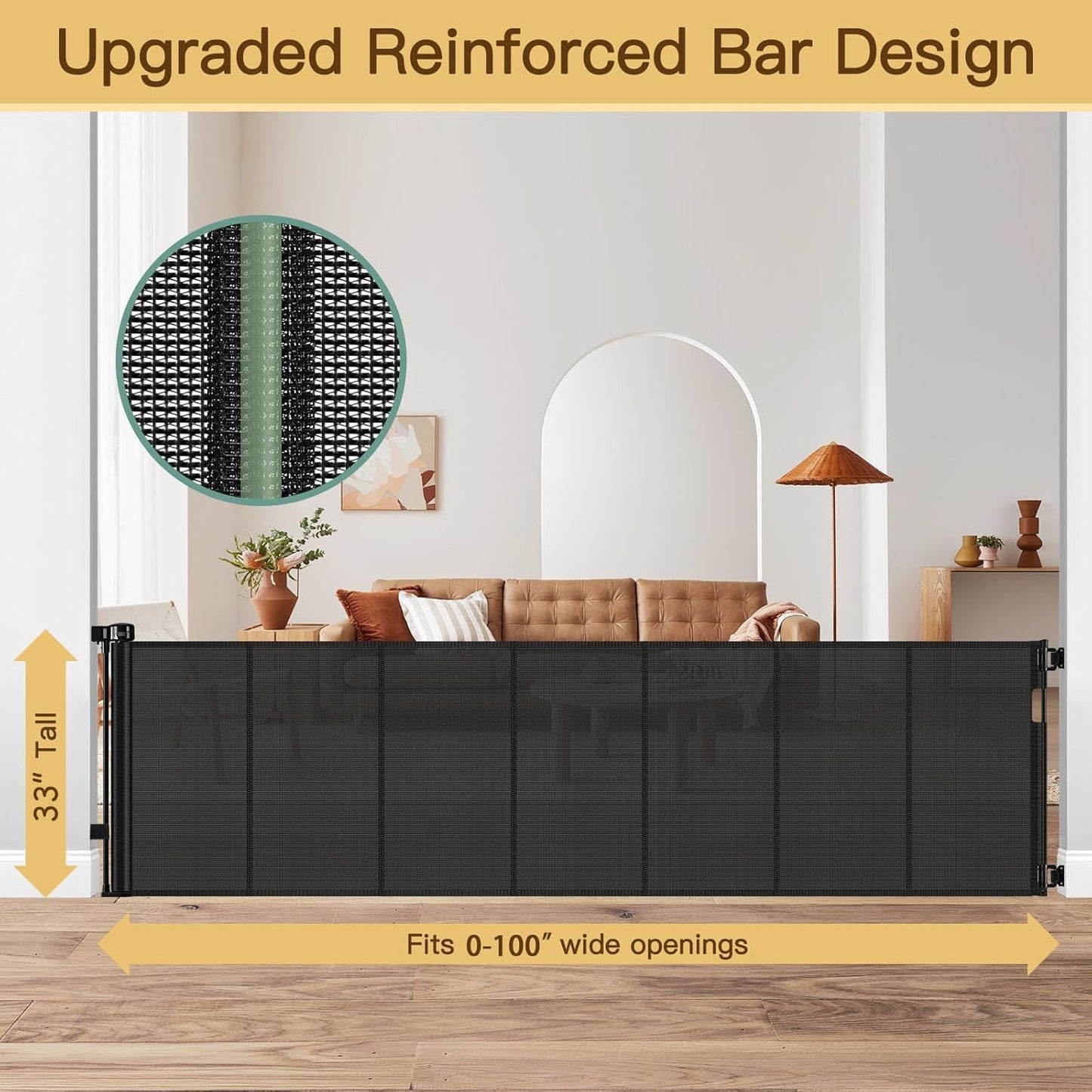 Reinforced 55" Wide Retractable Baby Gates with Reinforced Strips, Indoor/Outdoor Retractable Dog Gate for Doorway Prevent Bottom Drilling Through, No Bottom Bar Safety Mesh Baby Gate for Stair, Black