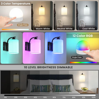 Battery Operated Wall Sconce Set of 2, Gold Rechargeable Wall Lights with Remote Control,15 Colors Wireless Wall Sconce with 3000mAh Dimmable Detachable Bulb for Bedroom, Living Room and Hallway