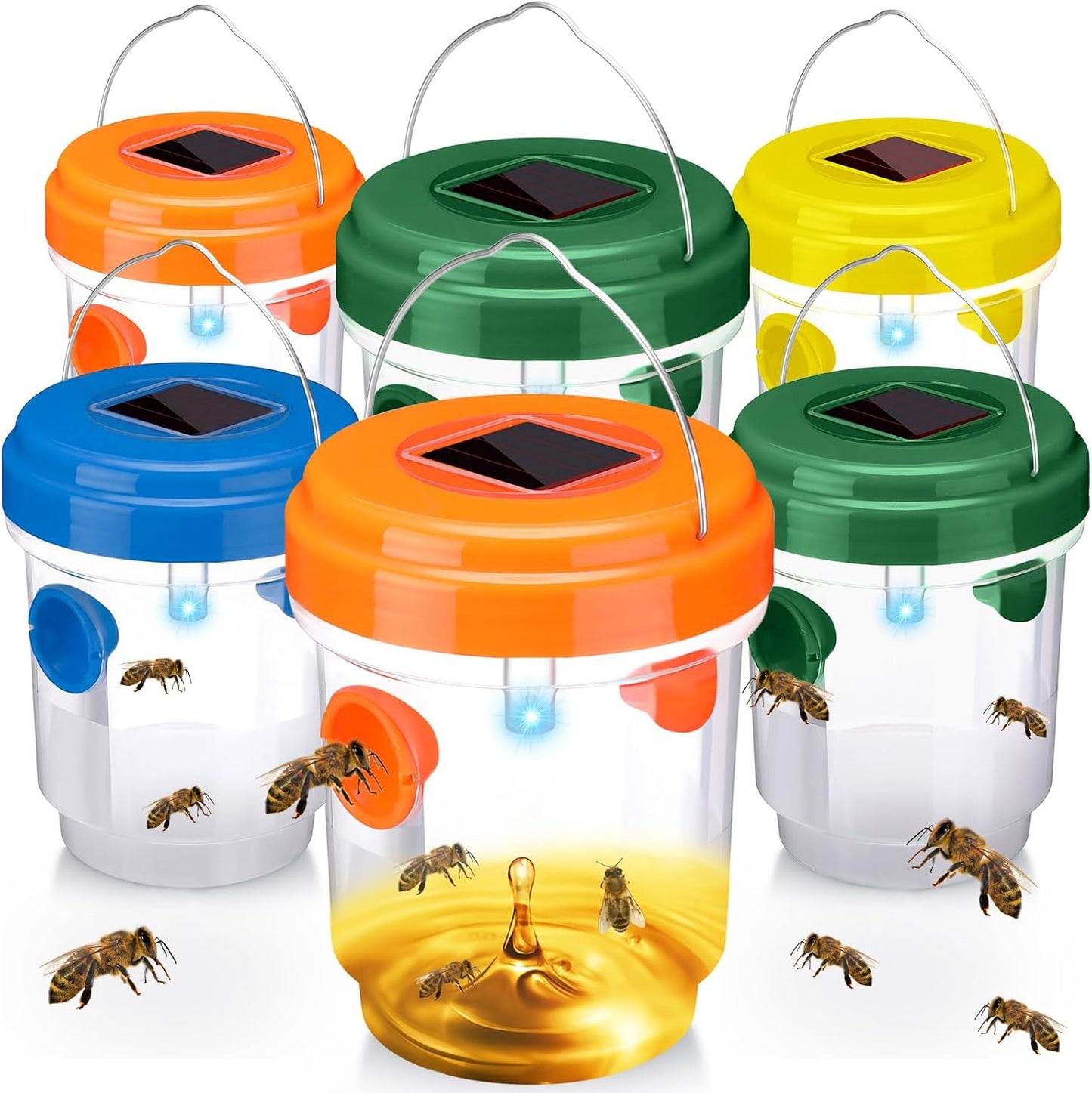 Wasp Trap Solar Powered Bee Trap Reusable Fly Traps Outdoor Hanging Wasp Killer with UV LED Light Flying Insects Bee Killer for Indoor Outside Patio Garden Home (6, Yellow)