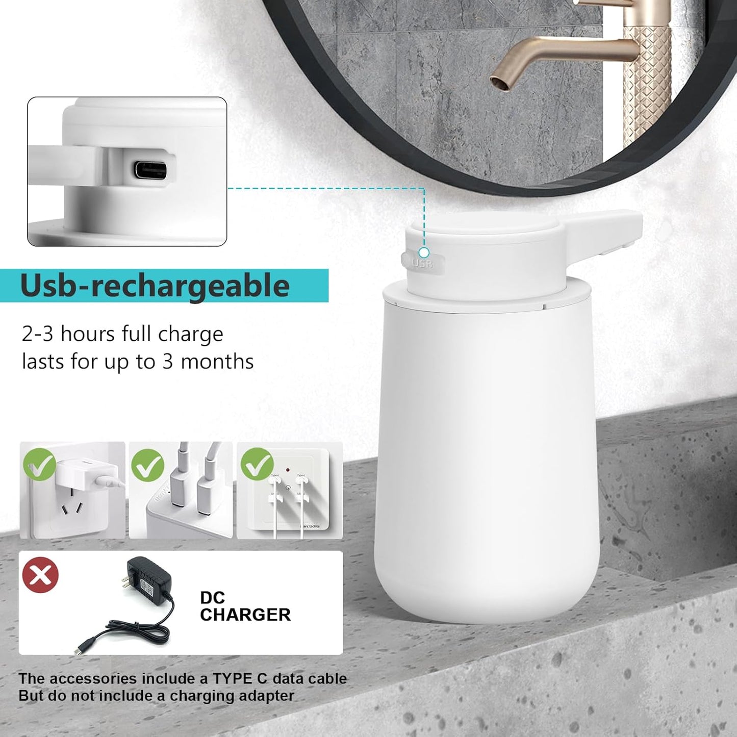 Automatic Soap Dispenser Foaming Touchless: 9oz Plastic Black Modern Rechargeable Electric Auto Foam Soap Dispenser - Bathroom Kitchen Hand Dish Lotion