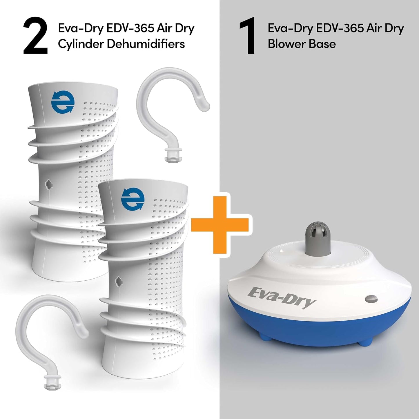 Eva-Dry EDV-365 Rechargeable Dehumidifier System | 2 Cylinders + Blower Base | One Works While One Renews | 2-Hour Renewal | Gun Safe, Closet, Boat, RV | Up to 400 Cu Ft