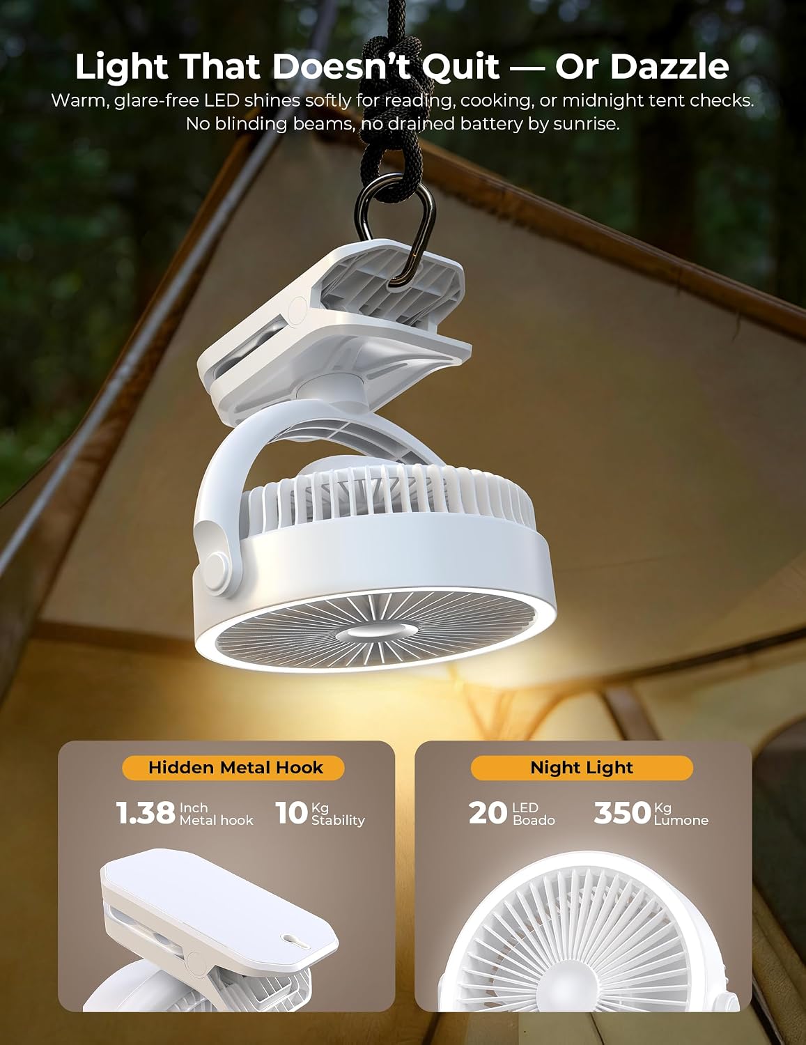 10000mAh Portable Clip on Fan Rechargeable, 8 Inch Battery Powered Desk Fan, LED Lantern, 360° Rotate & 3 Speeds Strong Airflow for Camping Tent Office Outdoor Travel Golf Cart，Black