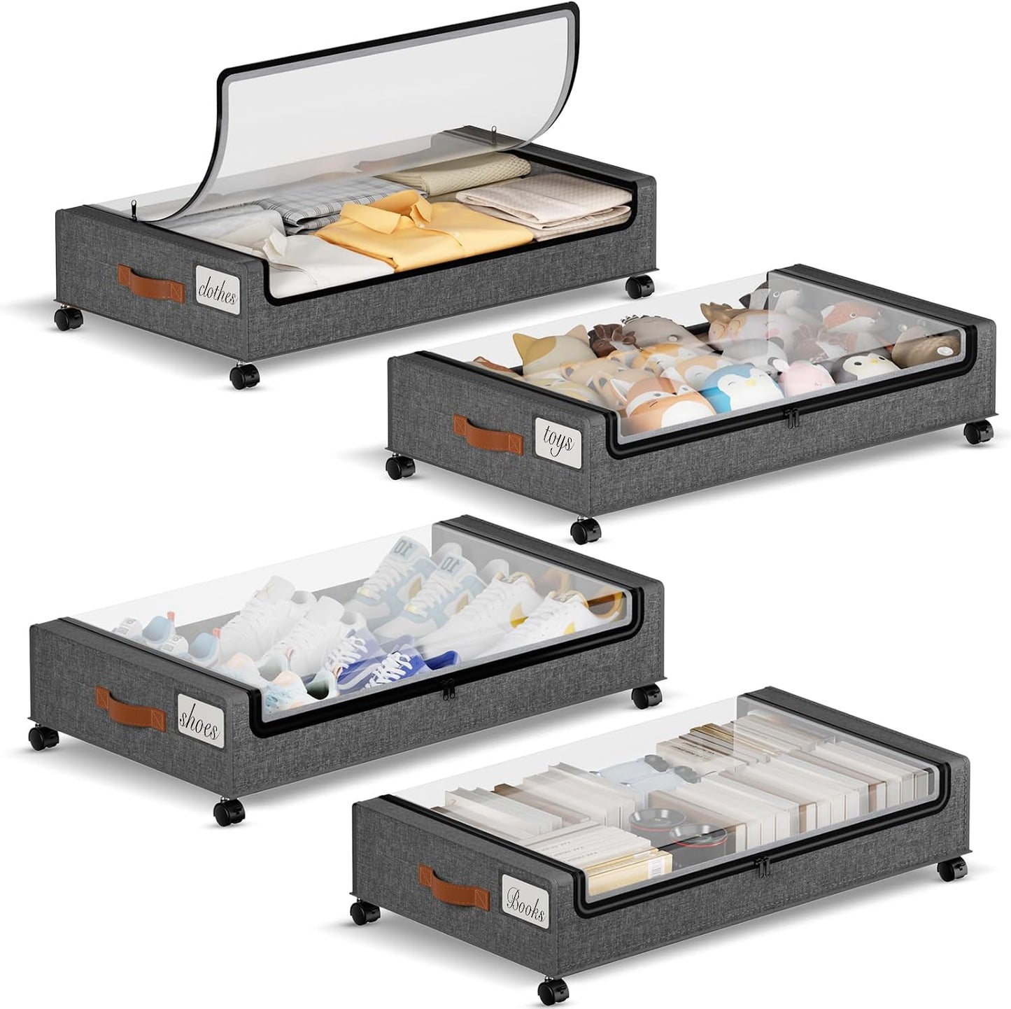 Yecaye Under Bed Storage with Wheels, 2 Pack Under the Bed Storage Containers with Lids & Label, XXL 60L Rolling Underbed Storage Drawers for Clothes, Blankets, Shoes, Black