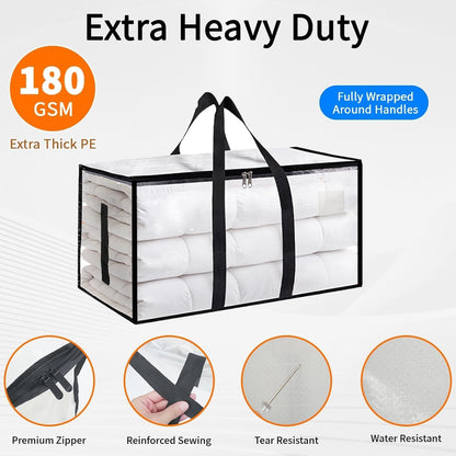 8 Pack-Extra Large Heavy Duty Moving Bags - Waterproof Storage Totes with Handles & Zippers, Foldable for College Dorm, Storage (Clear)