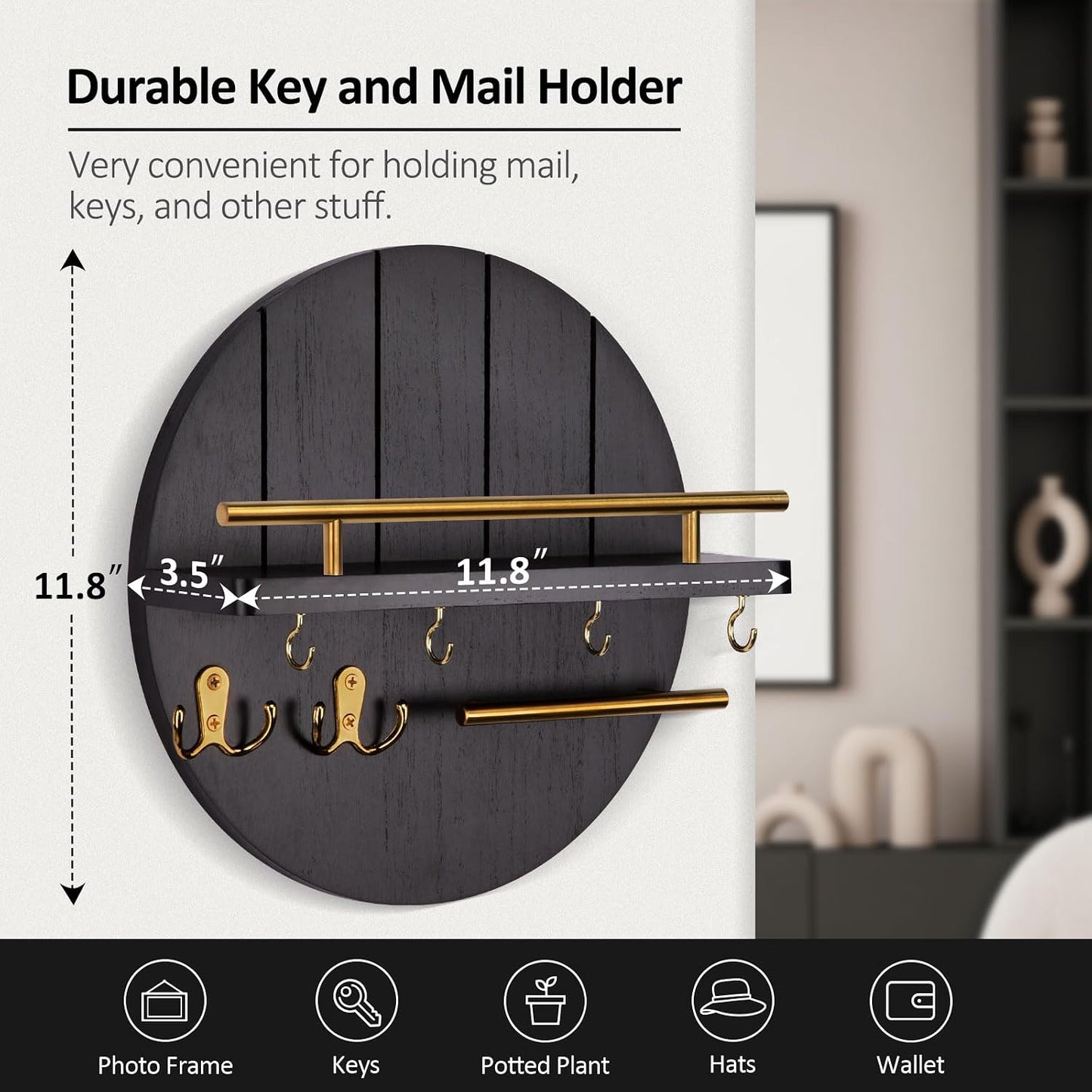 Nekon Key Holder Wall Mount, 11.8 Inch Rack With Shelf and 6 Hooks, Rustic Mail Organizer, Circular Wooden Hanger for Entryway Hallway Kitchen (Brown&Gold)
