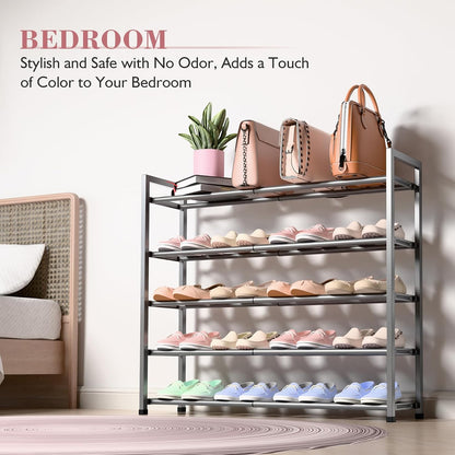 Bumusty 3-Tier Expandable Shoe Rack for Closet, 18“-33” Adjustable Shoe Rack for Small Space, Small Shoe Organizer for Front Door, Sturdy Metal, Black