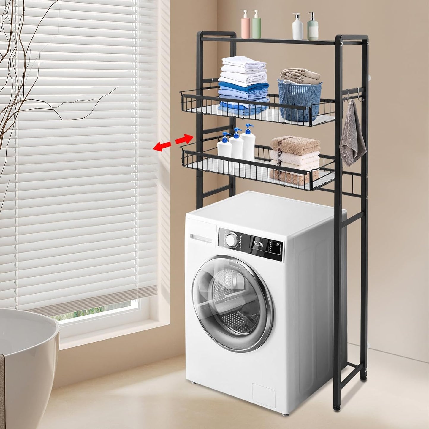 mignonnememe Over Washer and Dryer Shelves 3 Tier Shelving Laundry Room Storage Organization Clothes Drying Rack with 4 Hooks for Laundry Room Toilet (Black)