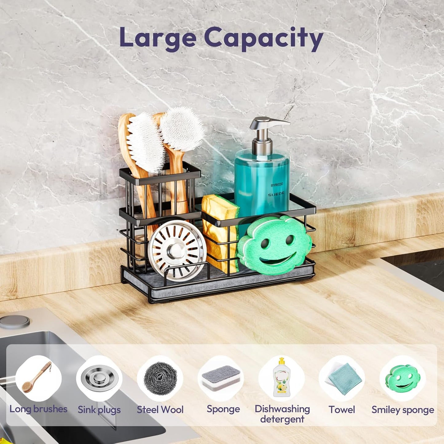 SWTYMIKI Sponge Holder for Kitchen Sink - Sink Caddy with Brush Holder and Stainless Steel Self Drain Tray, Sponge Caddy Organizer with Divider Kitchen Accessories Storage for Countertop, Black