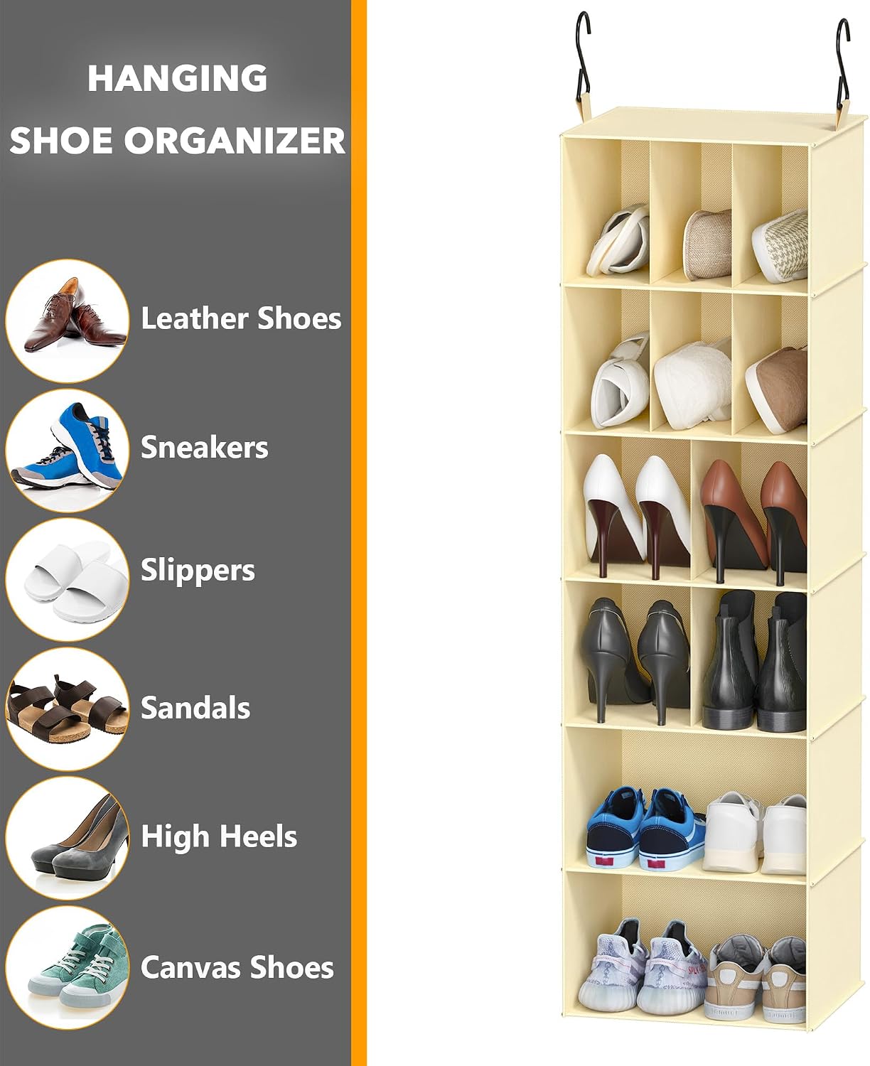 SpaceAid 2 Pack Hanging Closet Organizer and Storage with Dividers, 24 Compartments Hanging Shoe Shelves for Closet, Wardrobe, RV, Garment Rack - Black