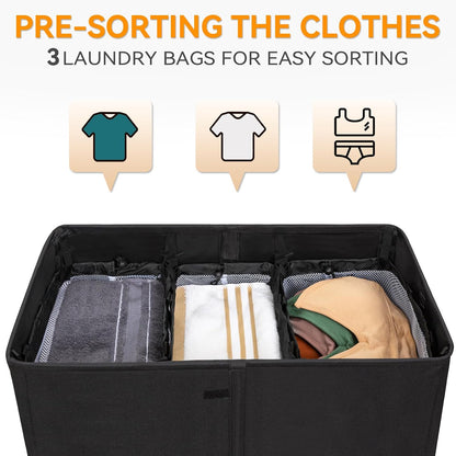 WOWLIVE Laundry Hamper with Lid,160L Large Laundry Basket 3 Section with Removable Washing Bags,Collapsible Waterproof Dirty Clothes Hamper for Laundry Room Bathroom Dorm,Beige