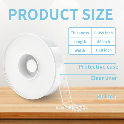 Heavy Duty Double Sided Tape, 1.18 x 80 in, Clear, 1 Pack | Removable washable nano gel holds 6 lbs per 4 sq in; protective case for carpet, posters, pictures, home office and RV