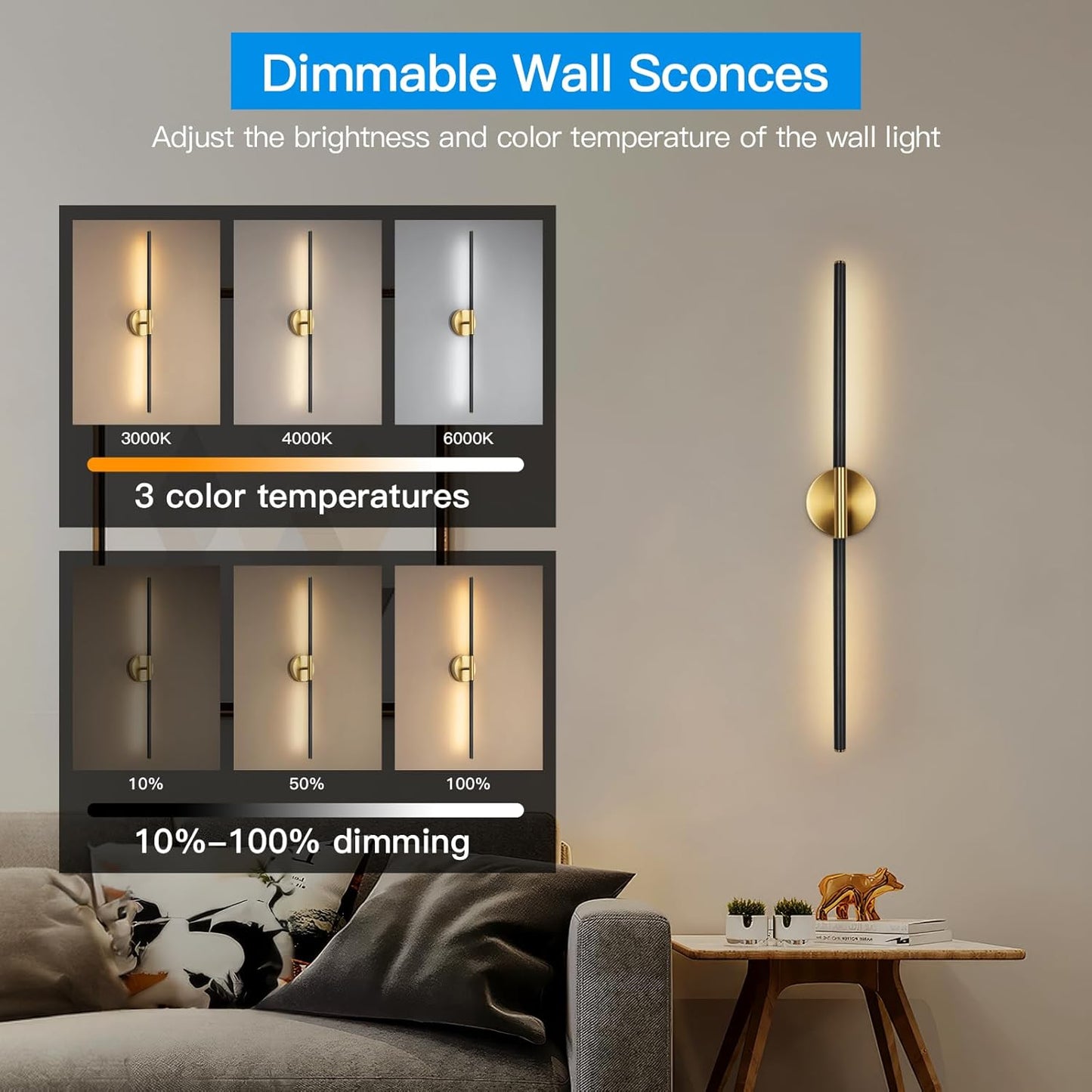 TaoFiaCo Battery Operated Wall Sconces Set of Two,Rechargeable Wall Sconces Set of 2 with Remote Control Dimmable Wall Light Decor for Living Room, Bathroom for, 24 Inch, Gold