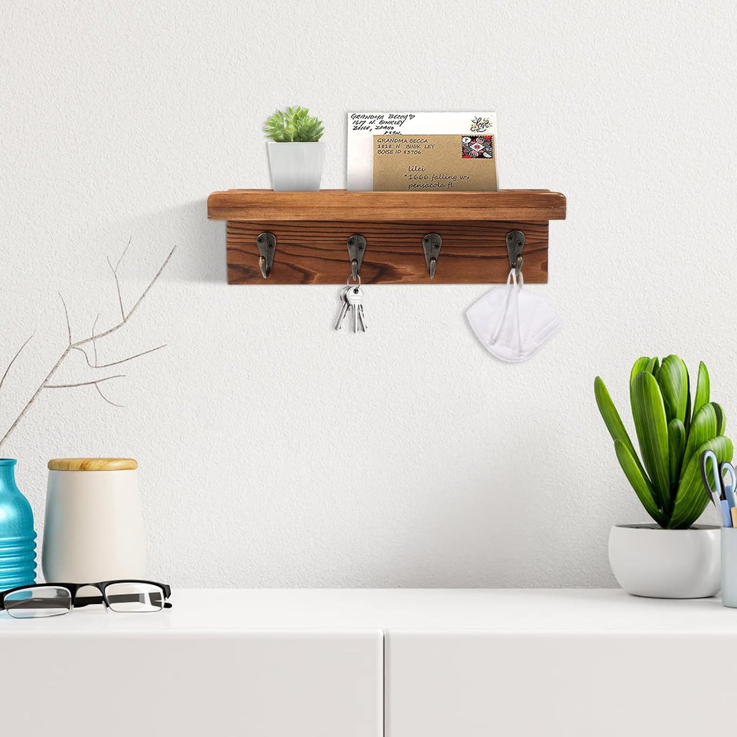 HRONRAD Rustic Key Holder for Wall, Farmhouse Wall Shelf with 4 Hooks, Wall Mounted Key Racks, Wooden Mail Organizer with Hooks for Entryway (Brown)
