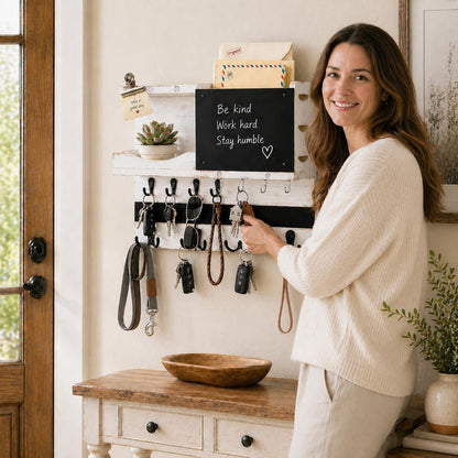 Key Holder for Wall Mount with Shelf and Mail Organizer, Key and Mail Holder with 16 Hooks, Farmhouse Entryway Organizer, Home Decor Rack (Pine Wood, Black)