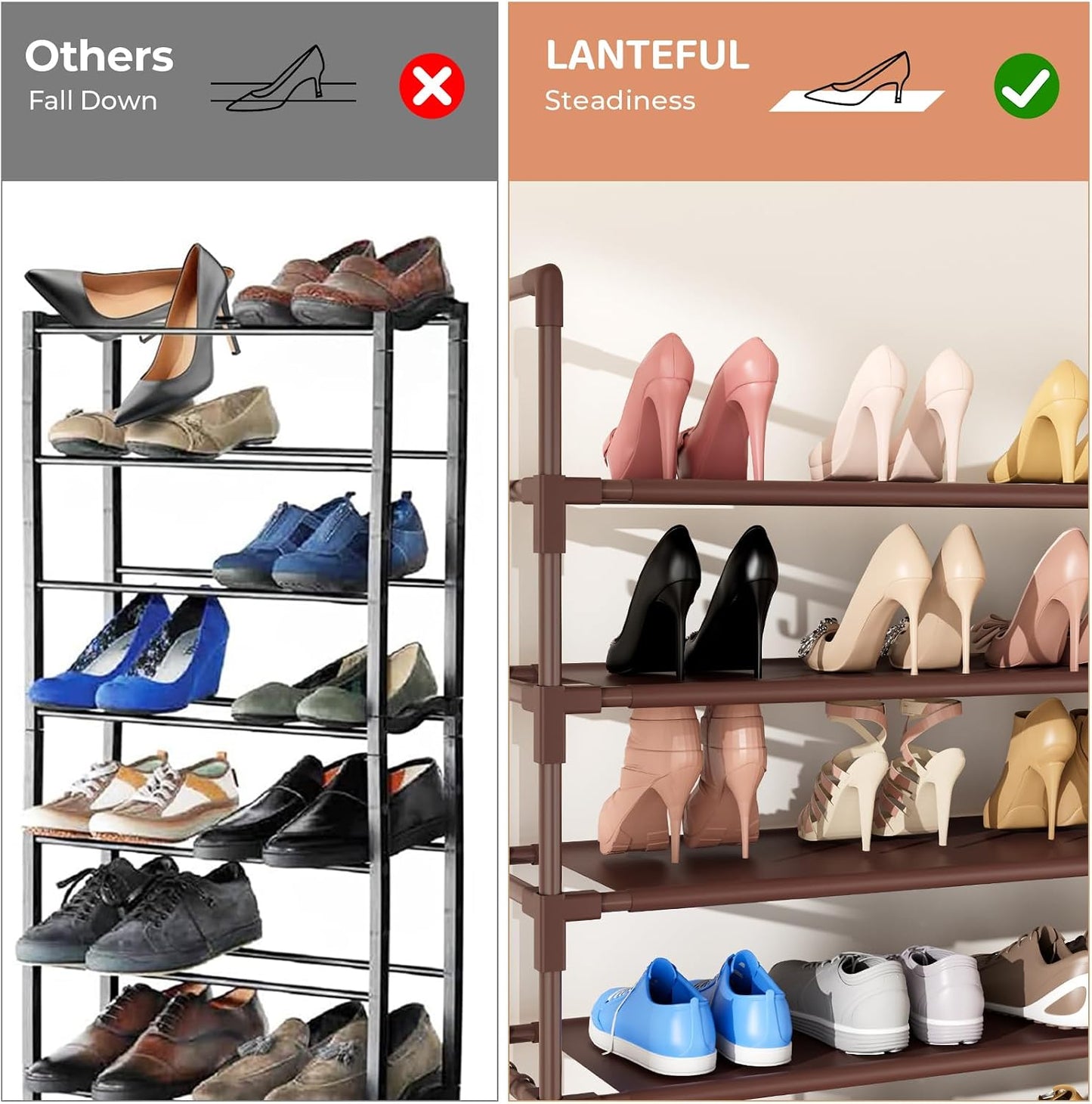 LANTEFUL 10 Tiers Shoe Rack 50 Pairs Large Capacity Tall Shoe Organizer Sturdy Shoe Storage with Two Hooks Space Saving Metal Wide Shoe Rack for Closet, Entryway, Bedroom, Black