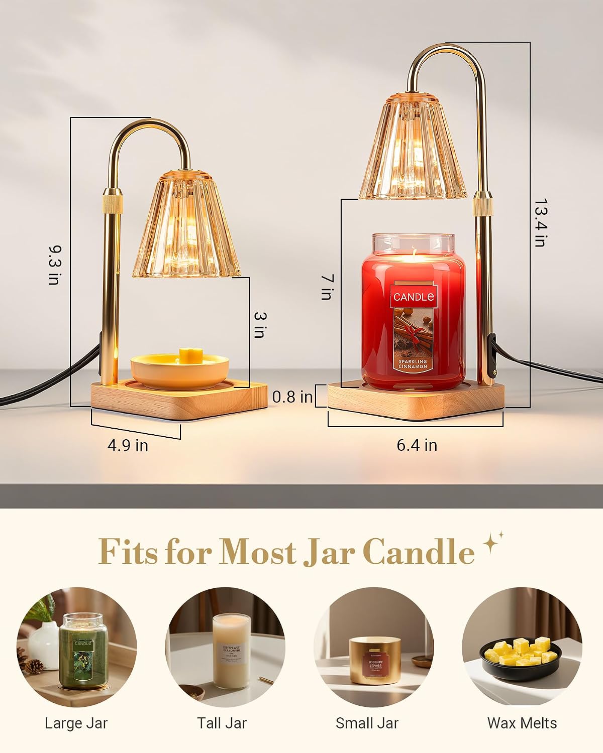 Marycele Candle Warmer Lamp with Timer & Dimmer - Mothers Day Gifts for Women Mom Her, Aesthetic Office Home Decor, Adjustable Height Wax Melter for Candle Jar & 3-Wick Candles (2 Bulbs Included)