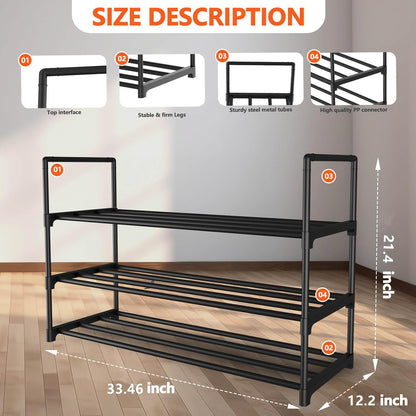 Hsscblet 5 Tiers Metal Shoe Rack,Adjustable Shoe Shelf Storage Organizer with Hooks,Stackable Boot & Shoe Storage,for Entryway,Hallway,Closet,Black