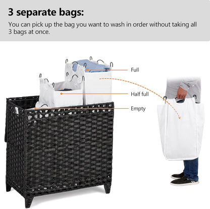 Laundry Hamper with 3 Removable Liner Bags; 132L Handwoven Rattan Laundry Basket with Lid & Heightened Feet; Clothes Hamper with Side Handles; Laundry Sorter with 3 Separate Sections