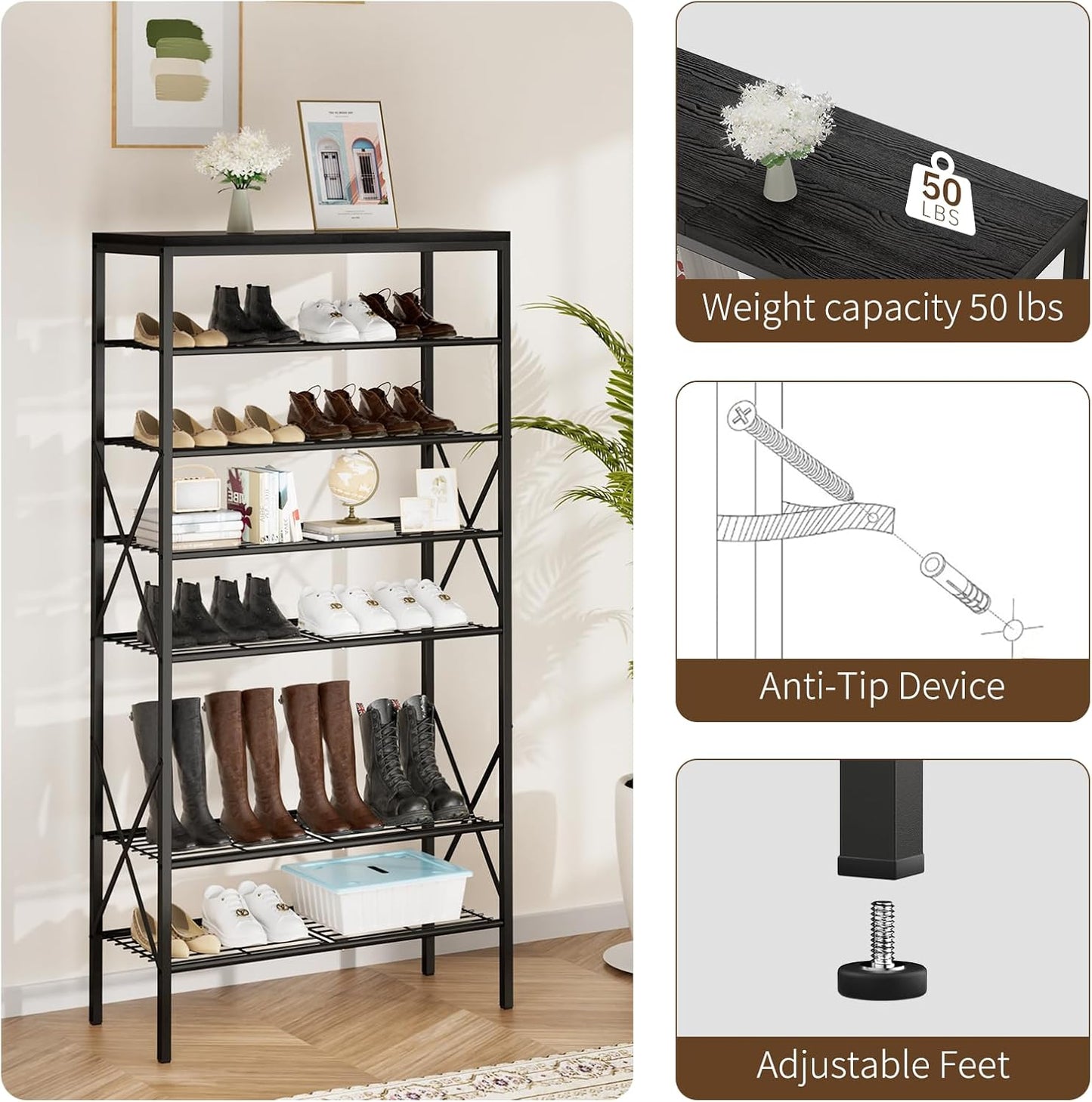 8 Tiers Tall Shoe Rack Organizer, Large Capacity Shoe Rack Holds 32 Pairs of Shoes, Durable and Stable, Adjustable Metal Shelf Stackable Shoe Shelf for Entryway, Hallway, Living Room, Closet