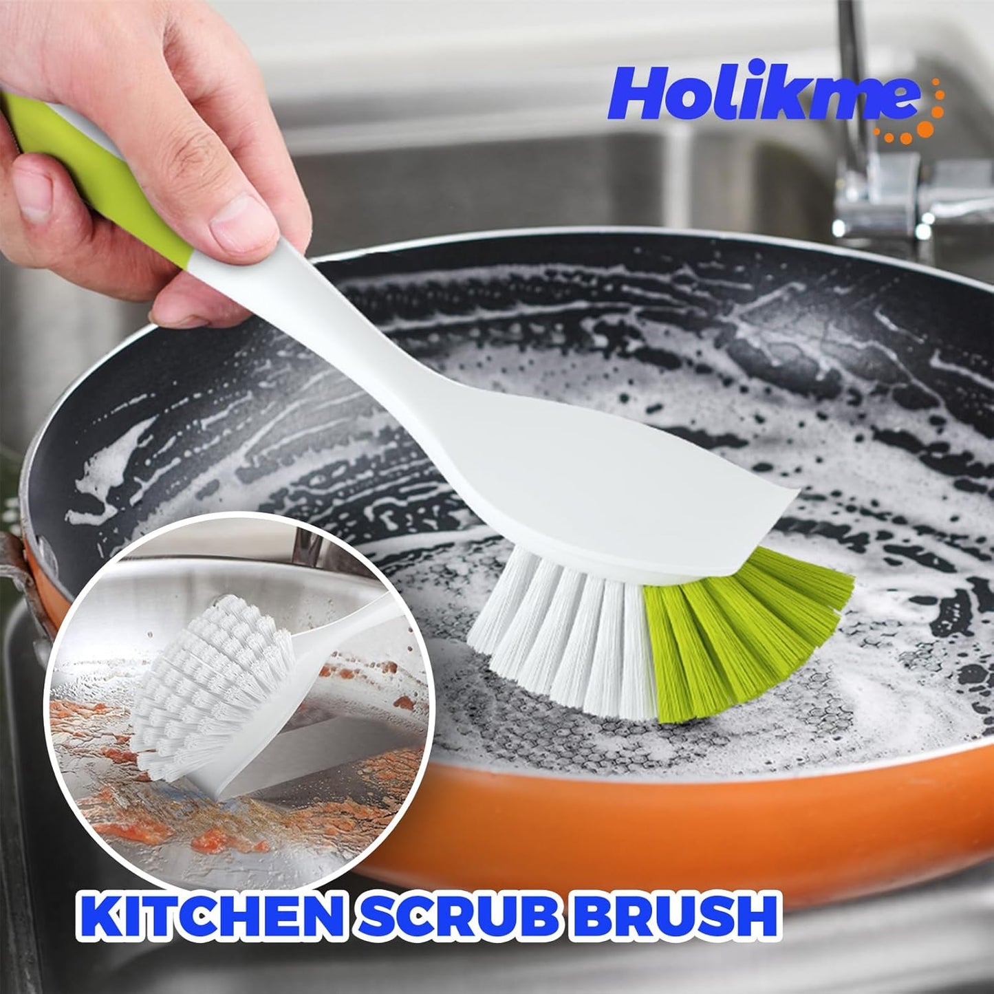 Holikme 6 Pack Dish Brush with Handle Kitchen Cleaning Brush Set for Pot, Pan, Kitchen Sink (Green)