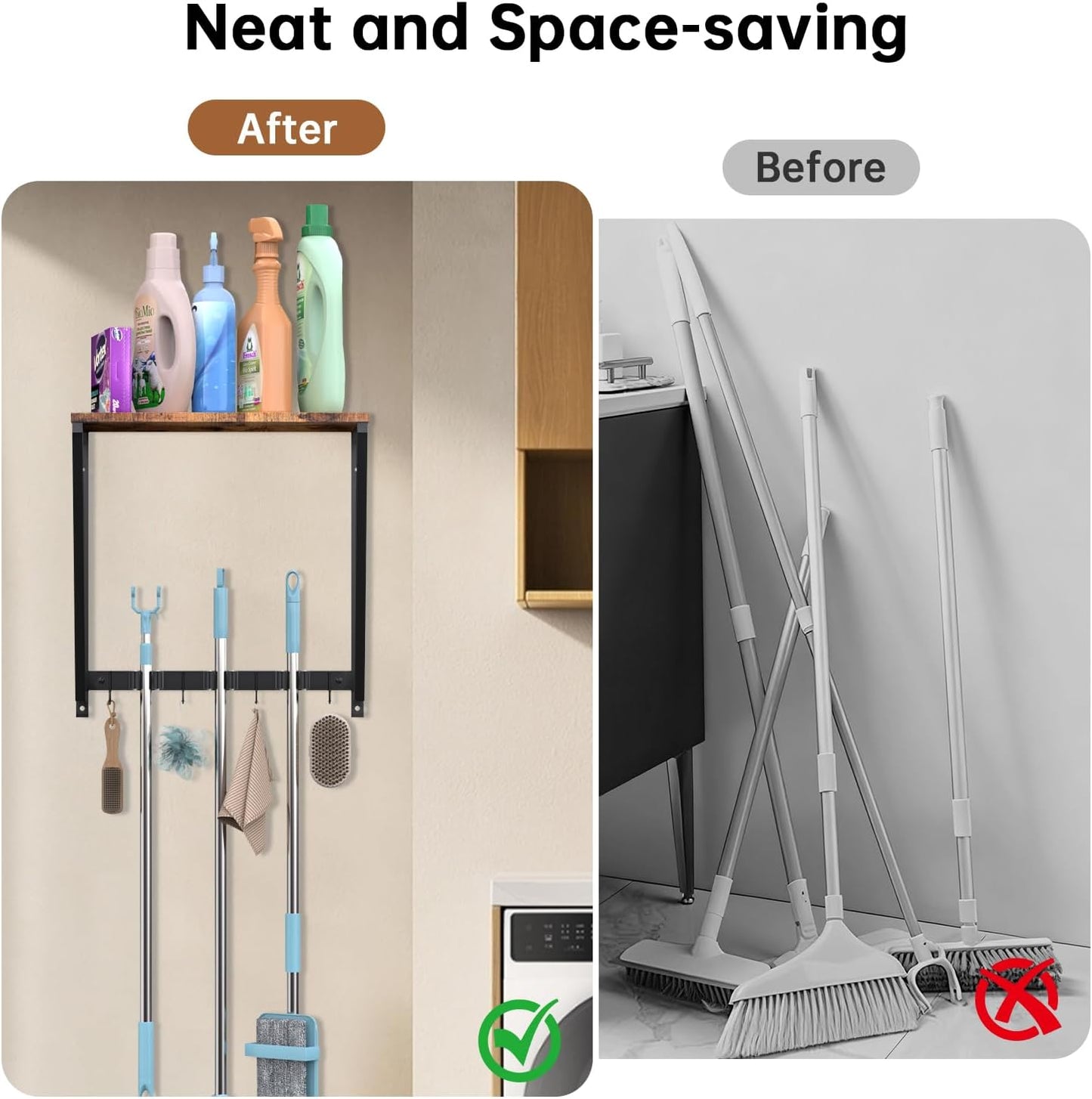 Broom and Mop Organizer Wall Mount, Heavy Duty Broom Hanger Wall Mount for Garage Laundry Room Utility Closet, Cleaning Tool Storage Rack Holder for Brooms Mops Swiffer and Household Organization