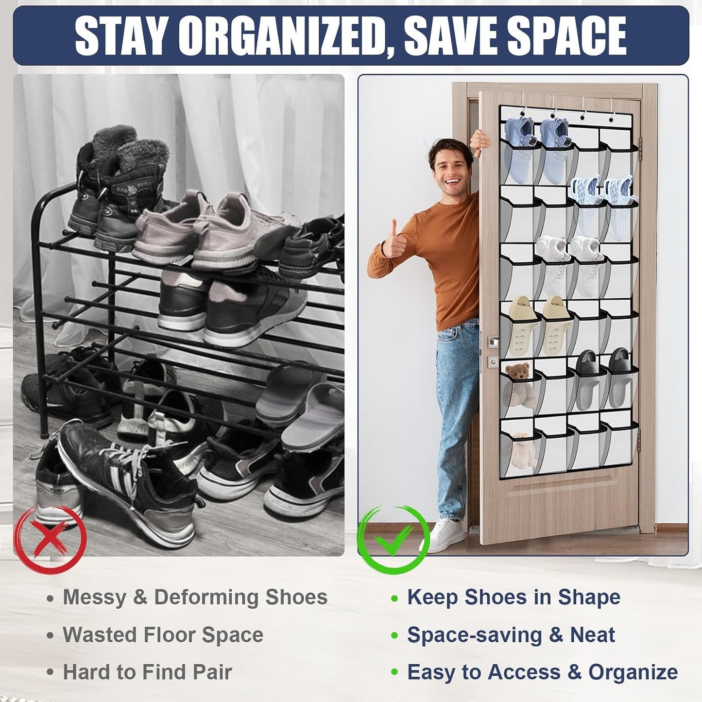 Over the Door Shoe Organizer - 24 Large Breathable Mesh Pockets, Space Saving Hanging Shoe Organizer with Metal Hooks, Hanging Shoe Rack for Men's and Women's Shoes (White)