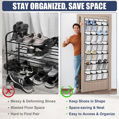 Over the Door Shoe Organizer - 24 Large Breathable Mesh Pockets, Space Saving Hanging Shoe Organizer with Metal Hooks, Hanging Shoe Rack for Men's and Women's Shoes (White)