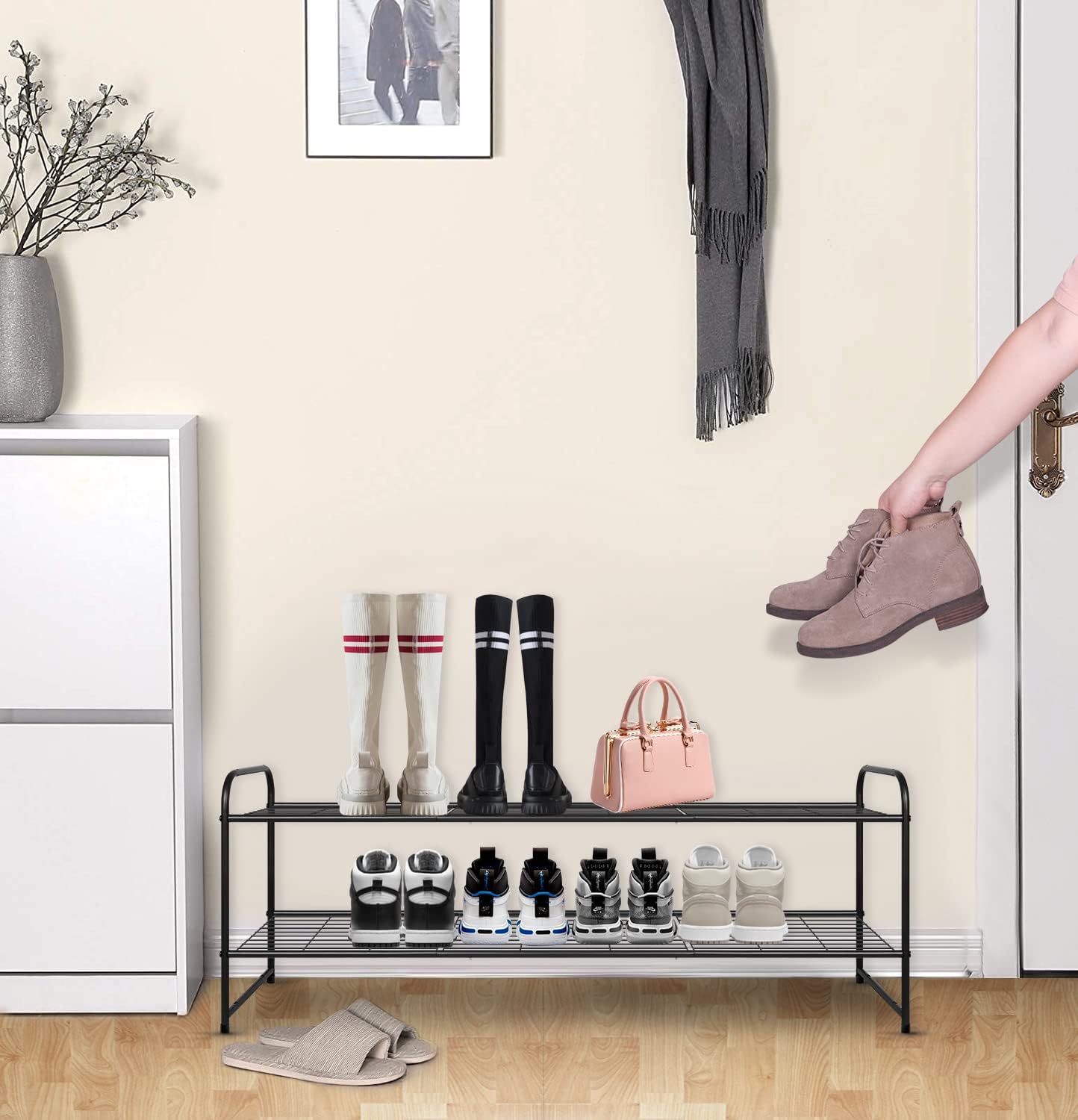 KEETDY 3-Tier Long Shoe Rack for Closet Metal Shoe Organizer for Entryway, Wide Stackable Shoe Storage Shelf with Sturdy Wire Grid for Closet Floor, Bedroom, Black