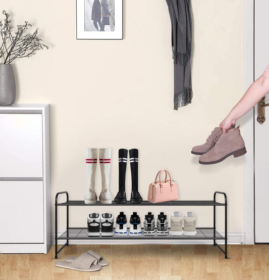 KEETDY 3-Tier Long Shoe Rack for Closet Metal Shoe Organizer for Entryway, Wide Stackable Shoe Storage Shelf with Sturdy Wire Grid for Closet Floor, Bedroom, Black