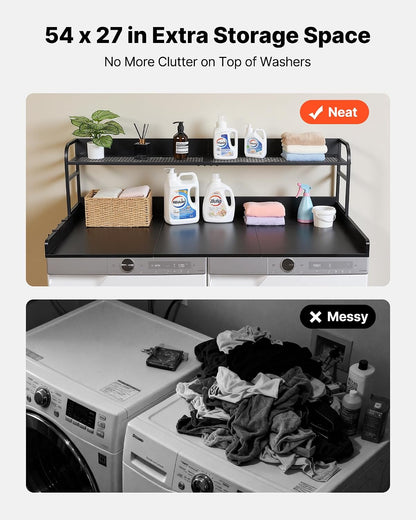 VEVOR Washer Dryer Countertop with 2-Tier Shelf, 54" x 27" Wooden Washer and Dryer Countertop with Anti-Slip Pads, Water-Resistant Laundry Topper Cover for Laundry Room Organization and Storage, Black